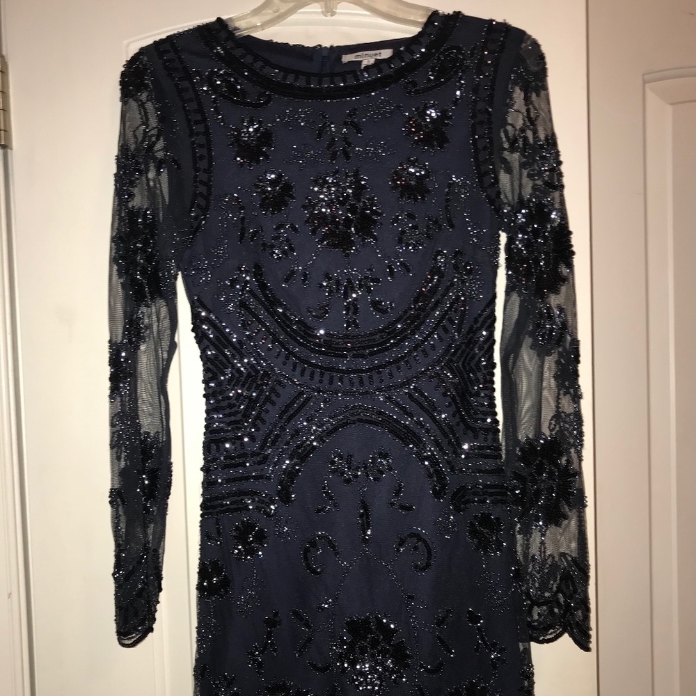 Short long sleeve navy sequin dress